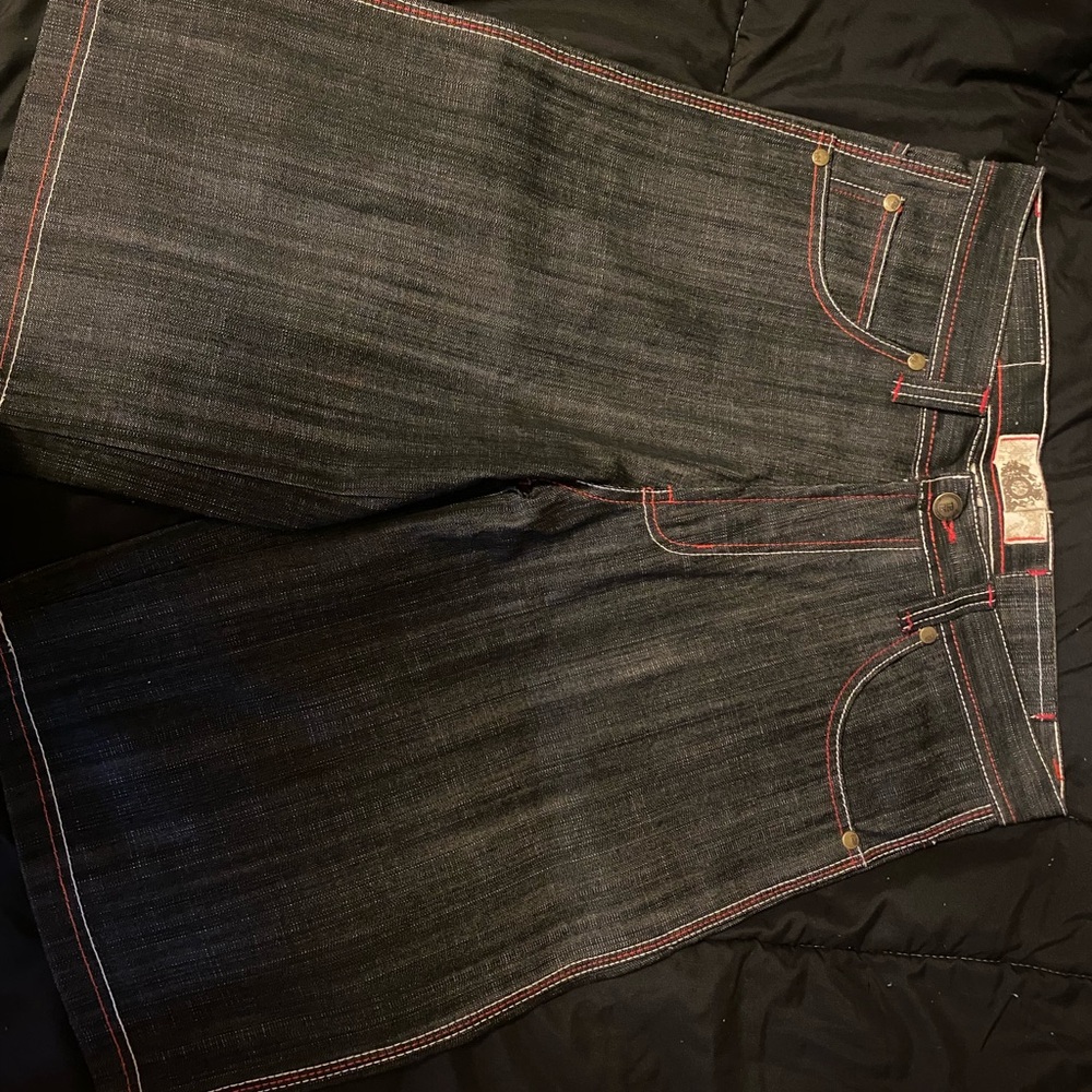 Dark Denim Shorts with Red Stitching